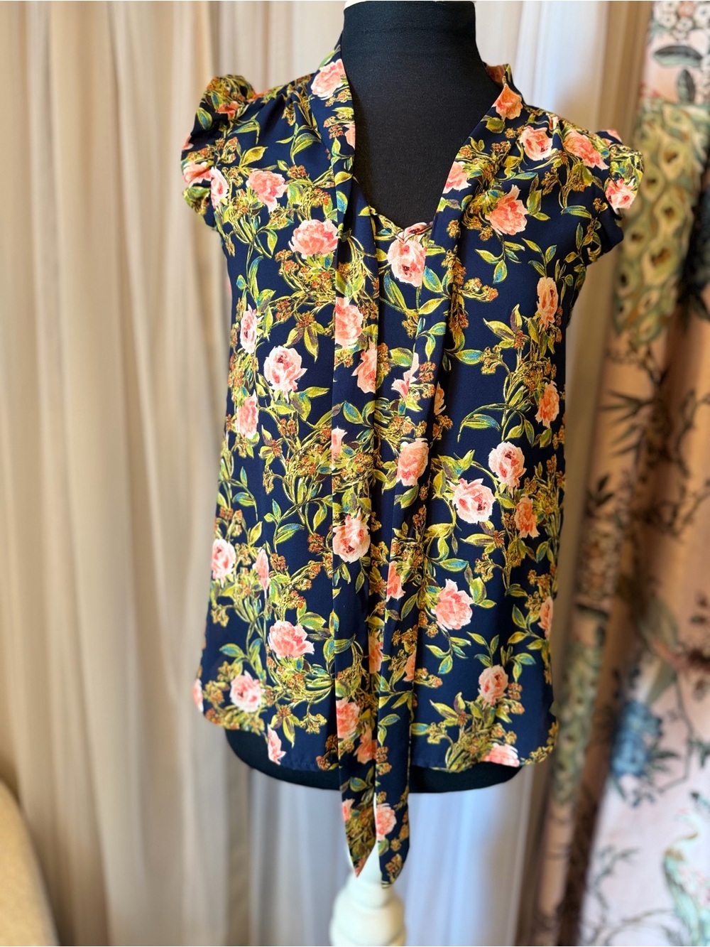 Sweet Rain Navy Floral Tie Neck Blouse Size S Romantic Ruffle Sleeve Top